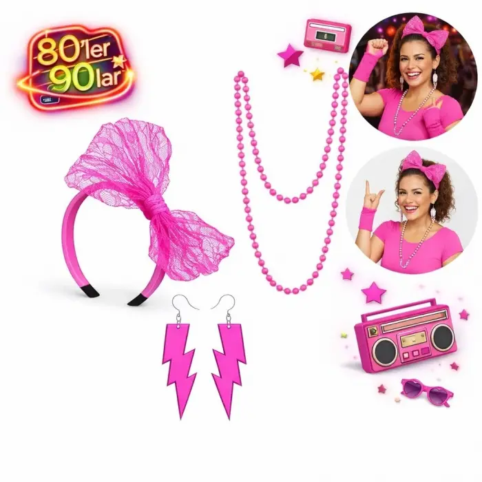 80’ler 90’lar Neon Pembe Parti Seti – Kolye Küpe Taç Bx40