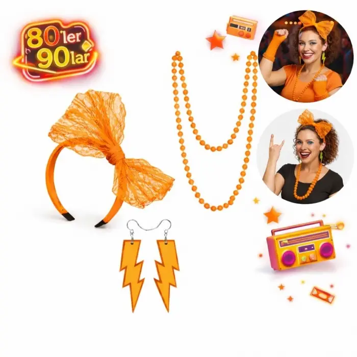 80’ler 90’lar Neon Turuncu Parti Seti – Kolye Küpe Taç Bx40