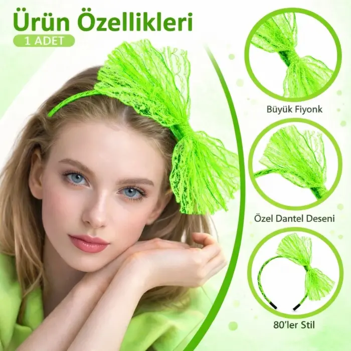 80’ler 90’lar Neon Yeşil Dantel Taç Fiyonklu Bx40
