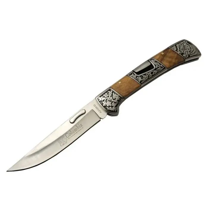 A3159-d Kahverengi Kamp Çakı 23,5cm- Ahşap Sap, Kaplan İşlemeli, Kemerlikli