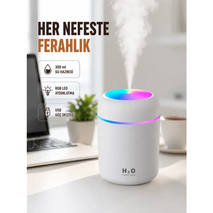 ABS Gövdeli 300ml USB Nemlendirici – Beyaz, Gri, Pembe Renk