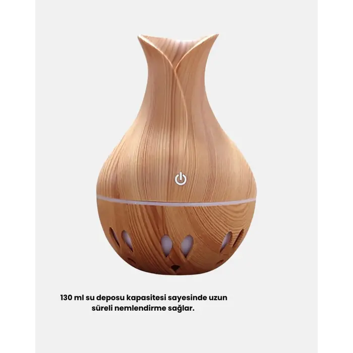 Ahşap Desenli Aromaterapi Difüzör 130 ml Ultrasonik ve 7 Renk LED Işıklı