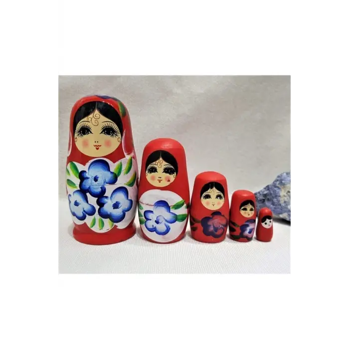 Ahşap kırmızı 5 parçalı modern matruşka bebek dekoratif obje tek ebat - Ev & Mobilya