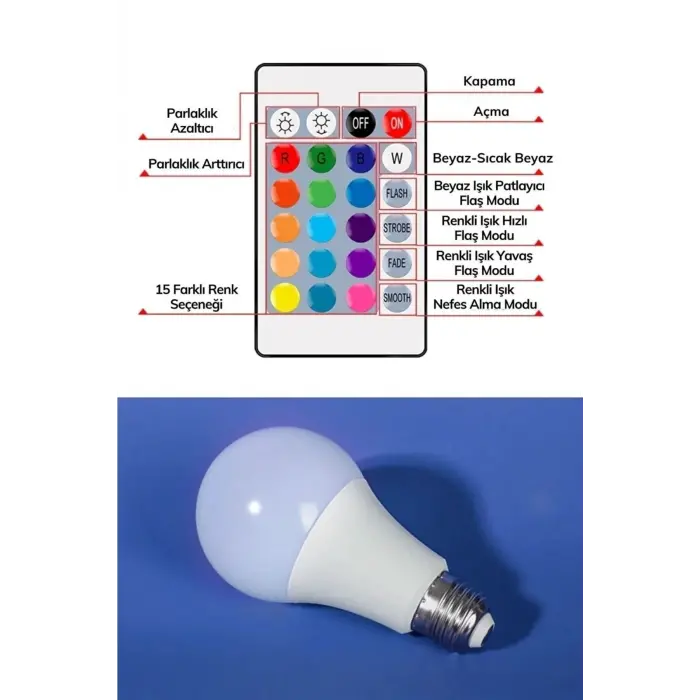 Akıllı ampul E27 duy 8,5 watt beyaz ışık uzaktan kumandalı dim özelliği renkli - E27 Duy Tipi