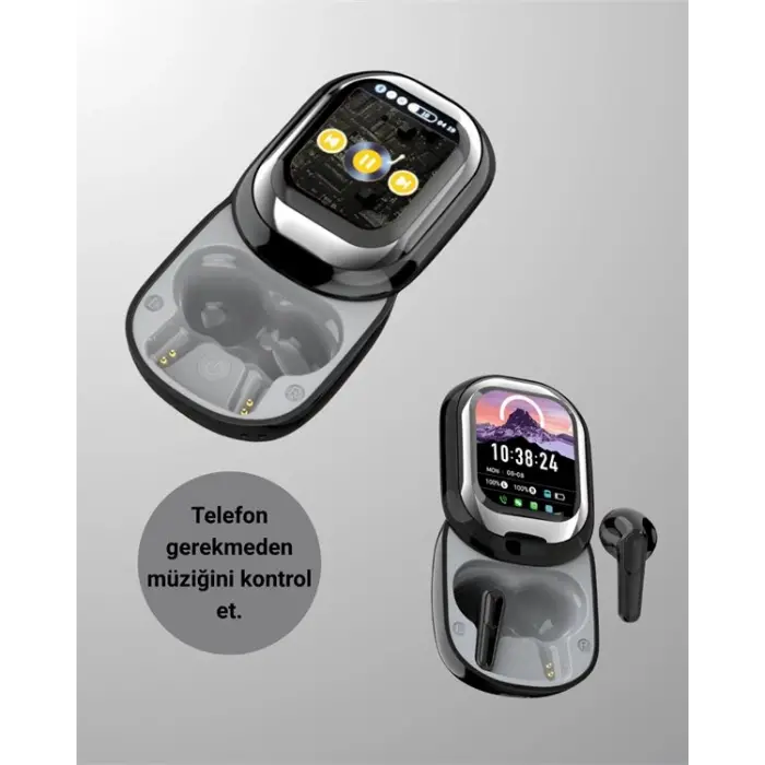 Akıllı Ekranlı Bluetooth 5.4 Kablosuz Kulaklık – Dokunmatik ve Şarj Kutulu