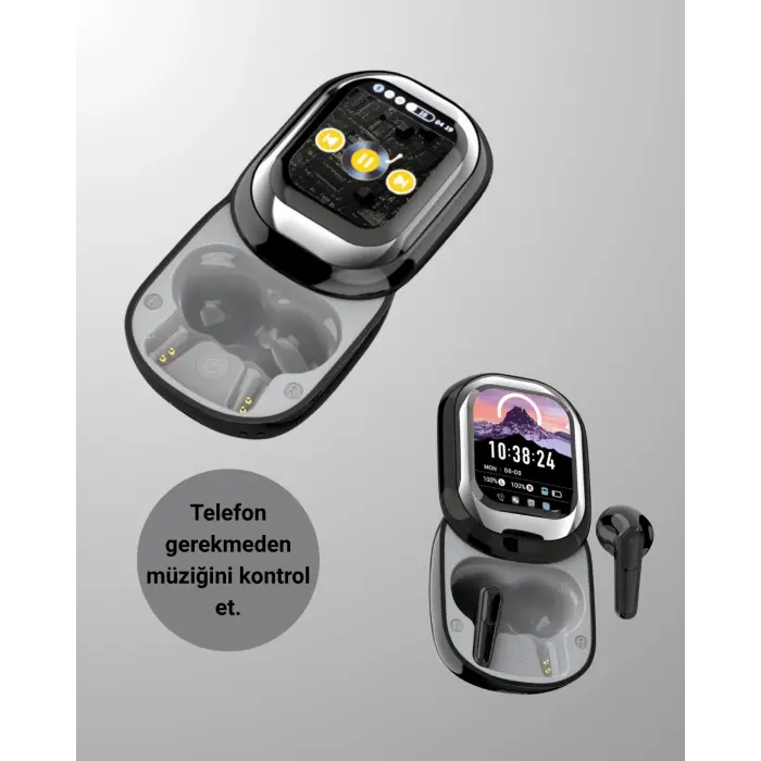 Akıllı Ekranlı Bluetooth 5.4 Kablosuz Kulaklık – Dokunmatik ve Şarj Kutulu