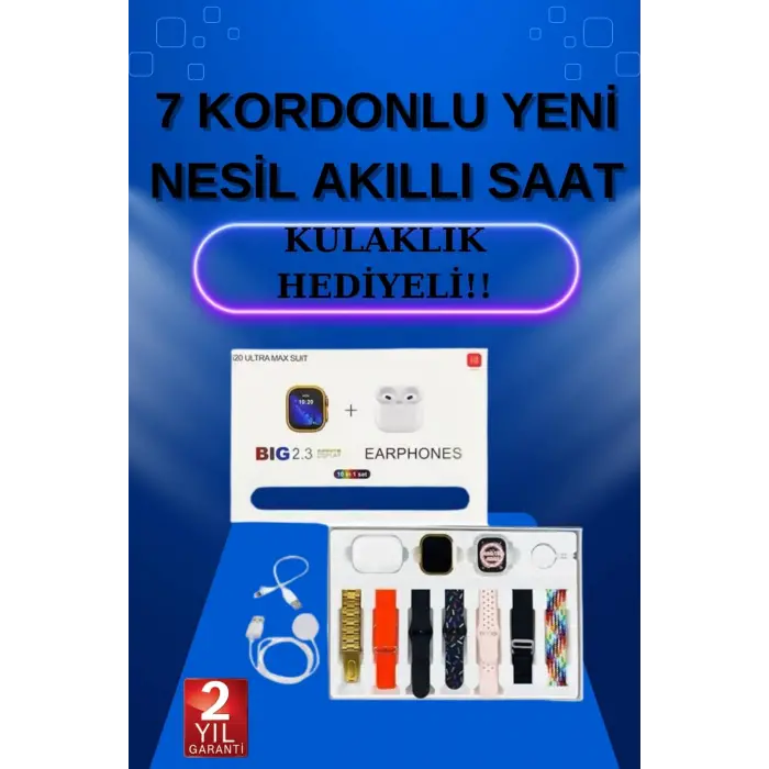Akıllı Saat 7 Kordonlu Kulaklık Hediyeli Nabız Ölçer Uyku Takibi Sesli Görüşme