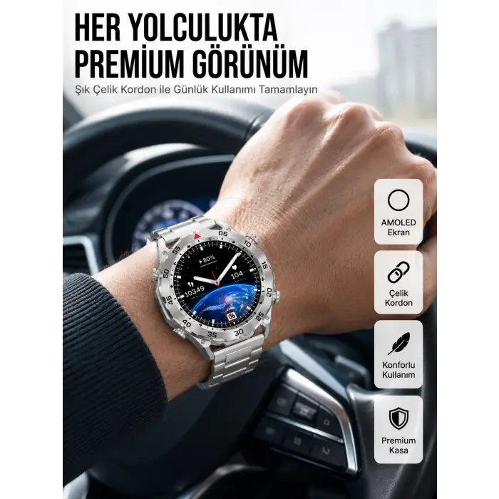 Akıllı Saat Çelik Kordonlu Amoled Ekran Android ve İOS Uyumlu Çağrı Cevaplayabilen Yeni Nesil