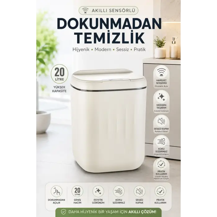Akıllı Sensörlü 20 Litre Çöp Kovası Sessiz Kapaklı Modern Hijyenik Ev Tipi Çöp Kutusu