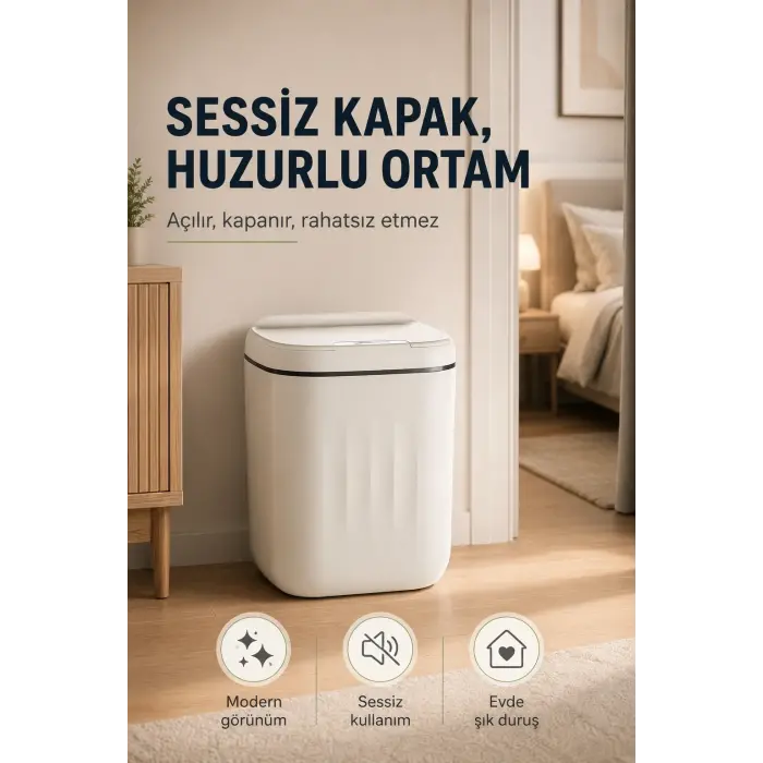 Akıllı Sensörlü 20 Litre Çöp Kovası Sessiz Kapaklı Modern Hijyenik Ev Tipi Çöp Kutusu