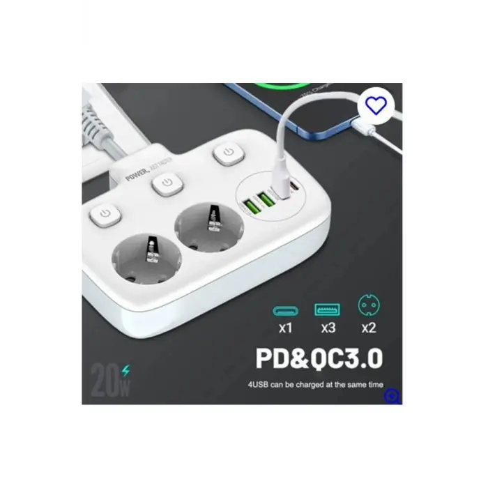 Akım Korumalı 2’li Ayrı Anahtarlı Priz, 2x Priz, 3x Usb, 1x Type-c, 2 Mt Kablo, Hızlı Şarj