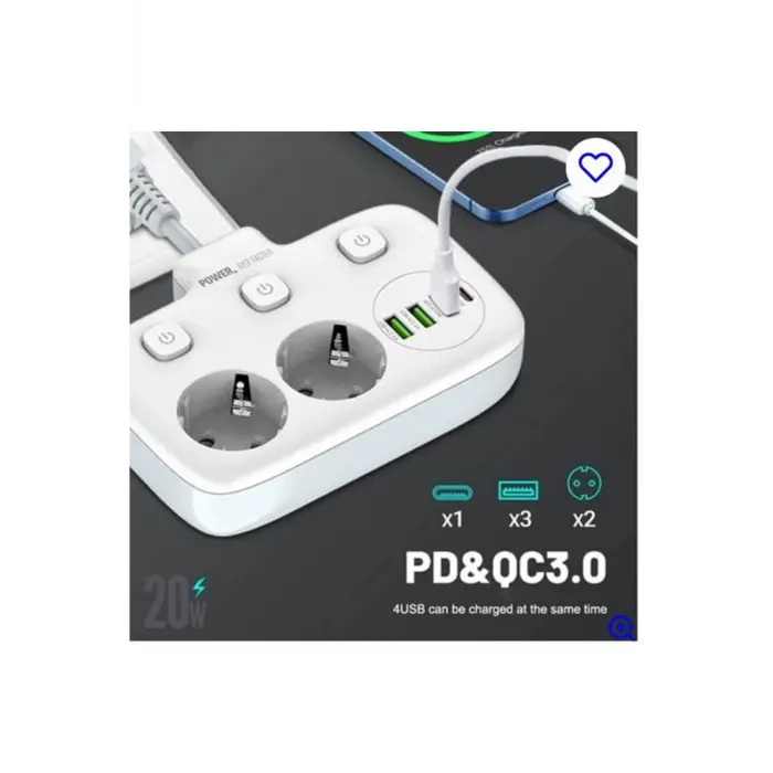 Akım Korumalı 2’li Ayrı Anahtarlı Priz, 2x Priz, 3x Usb, 1x Type-c, 2 Mt Kablo, Hızlı Şarj