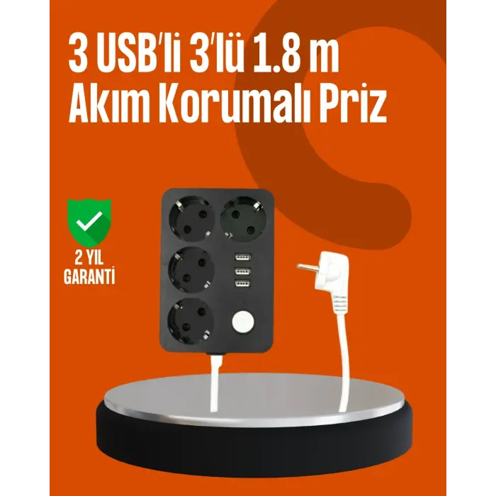 Akım Korumalı 3 USB Portlu 4’lü Priz 4.1A Hızlı Şarj