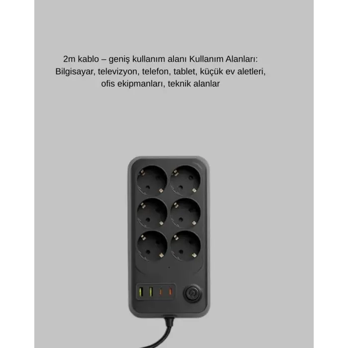 Akım Korumalı 6’lı Priz 2xusb 2xtype-c Çıkış Yüksek Gerilim Koruma Çoklu Priz Çoğaltıcı