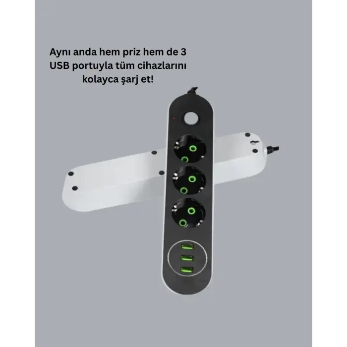 Akım Korumalı Anahtarlı USB Girişli Üçlü Priz