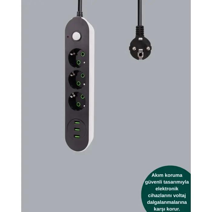 Akım Korumalı Anahtarlı USB Girişli Üçlü Priz