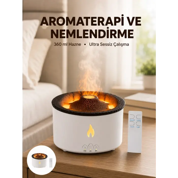 Alev Efektli Aromaterapi Difüzörü – 360 ml Su Hazneli, Sessiz ve Zaman Ayarlı Yeni Nesil
