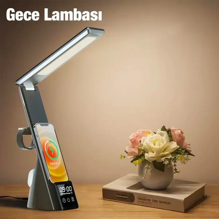 ALLY Dijital Saatli 15W Kablosuz Şarjlı LED Işıklı Katlanabilir Masa Lambası-(5775)