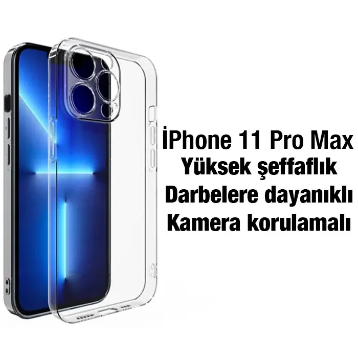 Ally iPhone 11 Pro Max 6.5inç Kılıf Kamera Korumalı Ultra İnce Şeffaf Silikon Kılıf-(5775)