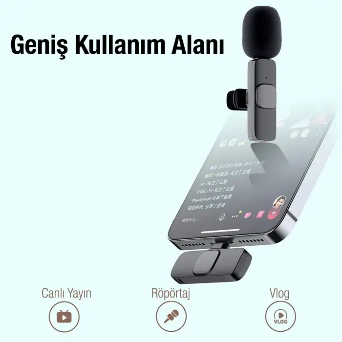 Ally K8 Lightning iPhone Tak Konuş Wireless Kablosuz Mini Yaka Mikrofonu Canlı Yayın Mikrofonu-(5775)