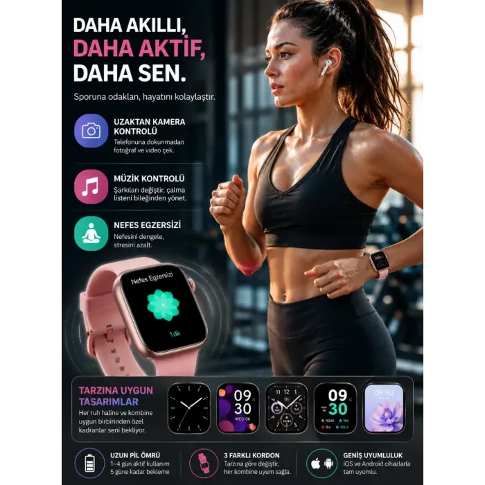 AMOLED Ekranlı Akıllı Saat Bluetooth Aramalı IP67 Su Geçirmez 3 Kordonlu