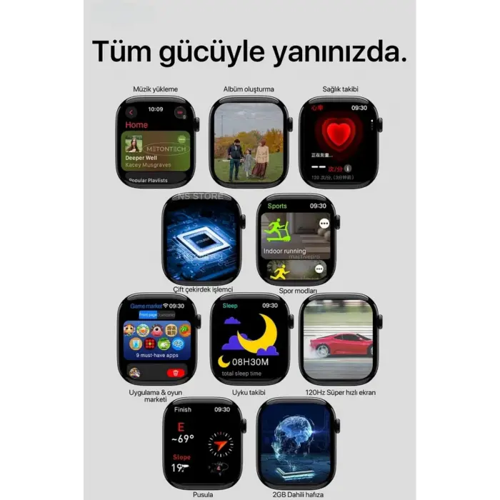 AMOLED Ekranlı Akıllı Saat | Nabız ve Uyku Takibi, GPS, Suya Dayanıklı, Siyah Silikon Kordon