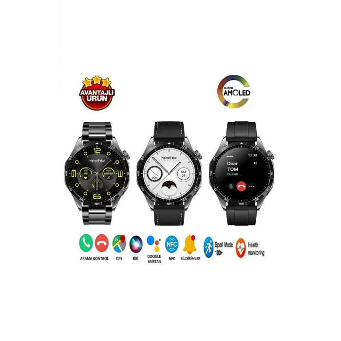 AMOLED Ekranlı Çelik Kasa ve Kordonlu Akıllı Saat, Nabız ve Uyku Takibi Özellikli, Siyah Renk