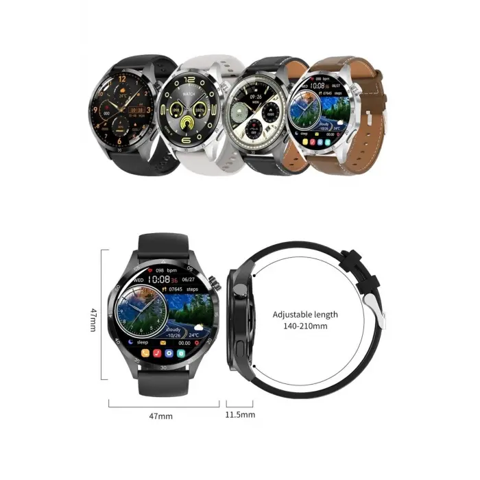 AMOLED Ekranlı Çelik Kasa ve Kordonlu Akıllı Saat, Nabız ve Uyku Takibi Özellikli, Siyah Renk