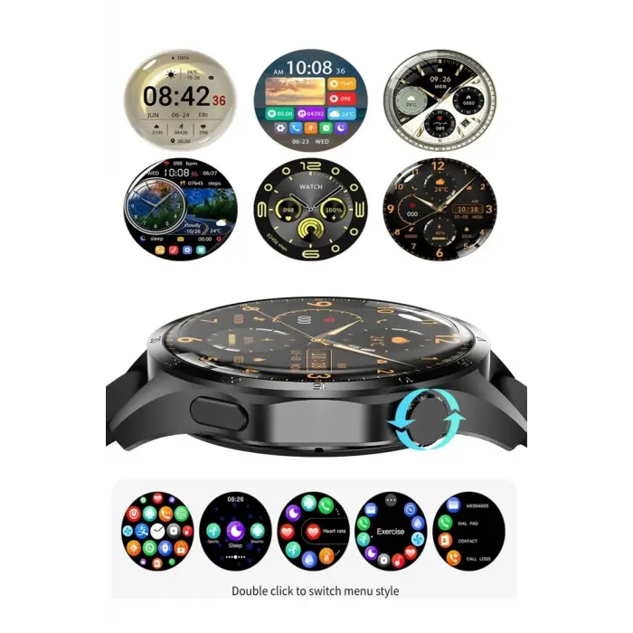 AMOLED Ekranlı Çelik Kasa ve Kordonlu Akıllı Saat, Nabız ve Uyku Takibi Özellikli, Siyah Renk