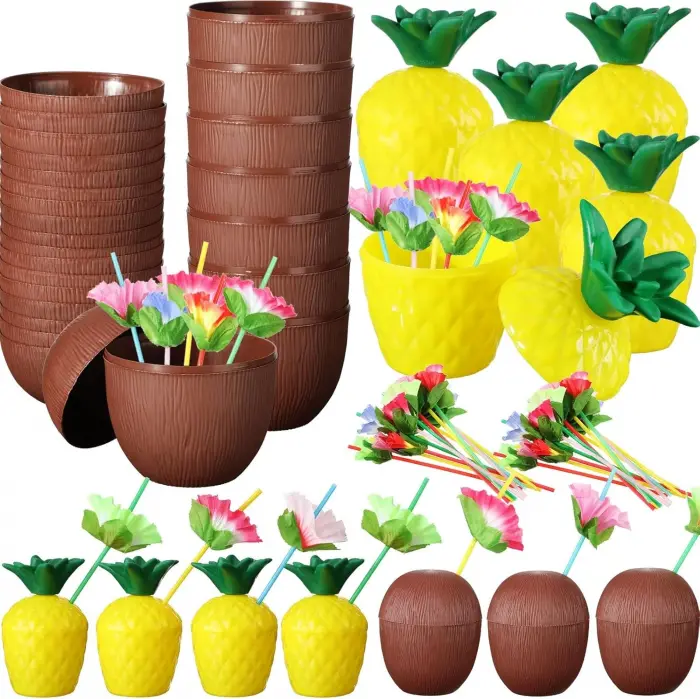 Ananas &amp;amp; Hindistan Cevizi Tasarımlı Pipetli Bardak Seti (6 Adet) Bx40