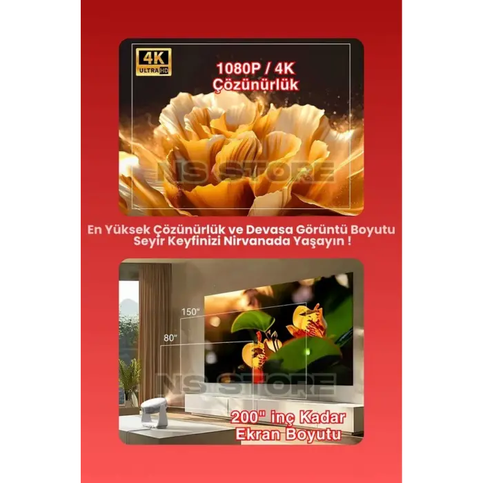 Android İşletim Sistemli, 4K Destekli 1080P Çözünürlükte Taşınabilir LED Projektör