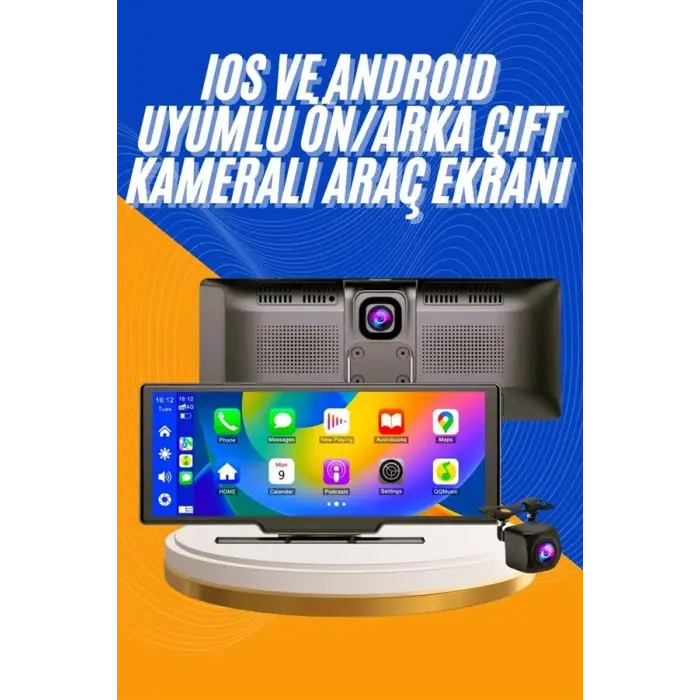 Android ve İOS Uyumlu Ön Arka Çift Kameralı Araç Ekranı Dokunmatik CarPlay