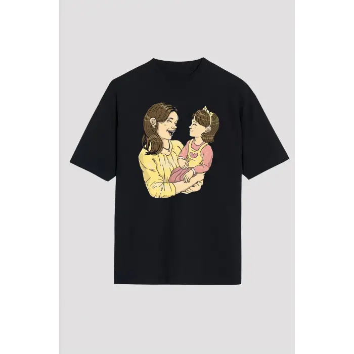 Anneler Günü Hediye Anne Kız Temalı Baskılı Oversize Bisiklet Yaka T-shirt - Siyah