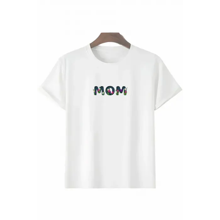 Anneler Günü Hediye Mom Çiçek Baskılı Oversize Bisiklet Yaka T-shirt - Beyaz