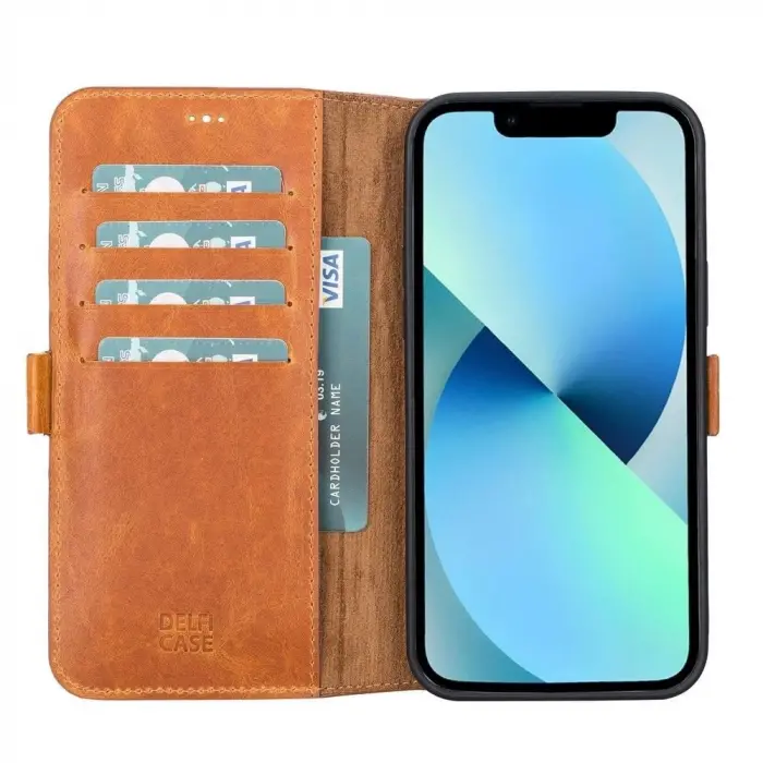 Apple iPhone 13 Pro Max Uyumlu Deri Cüzdanlı Kılıf Karamel