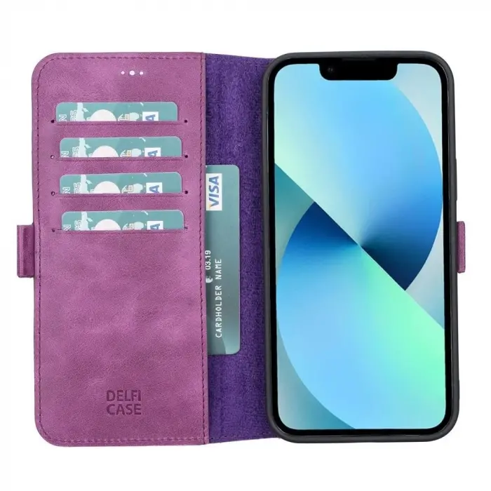 Apple iPhone 13 Pro Max Uyumlu Deri Cüzdanlı Kılıf Rustik Mor