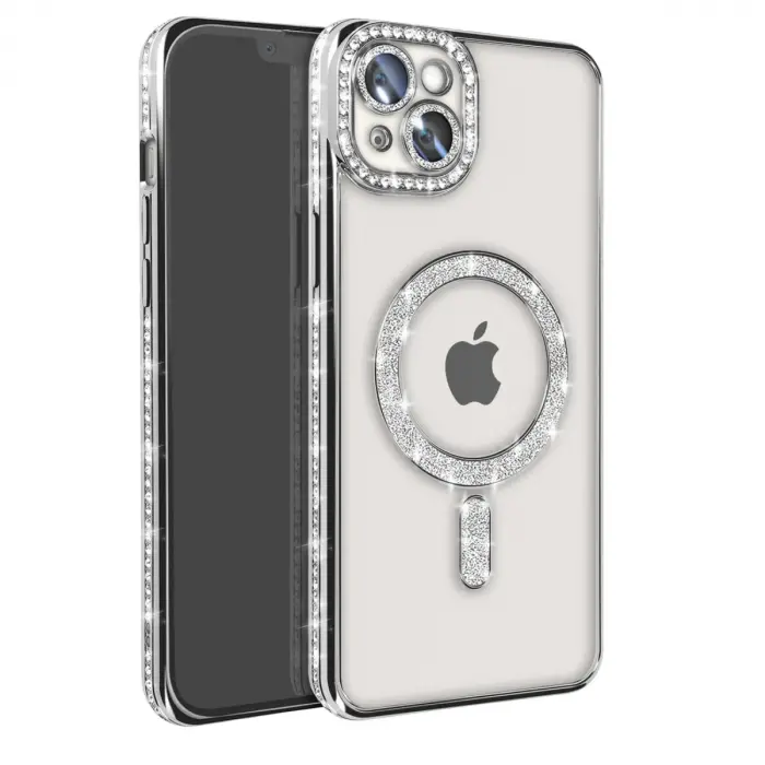 Apple İphone 14 Kılıf Joke Simli Magneticsafe Kılıf - Gümüş