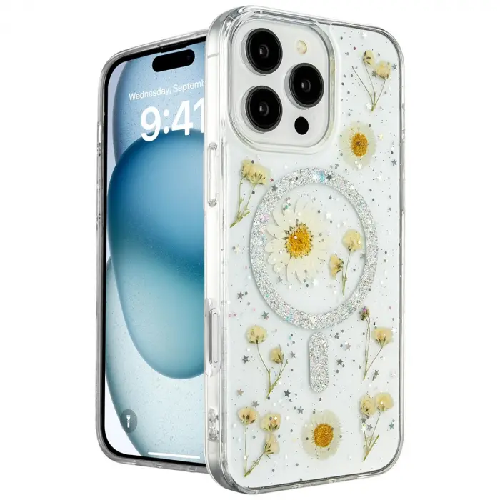 Apple İphone 16 Pro Kılıf Daisy Simli Magsafe Kapak - Gümüş