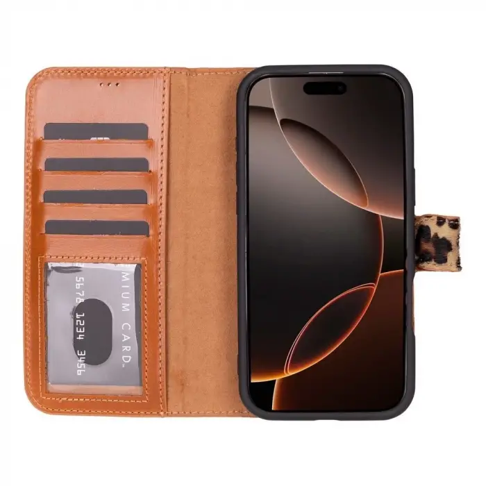 Apple iPhone 16 Pro uyumlu, Hakiki Deri, El Yapımı, Cüzdanlı Kılıf, Leopar