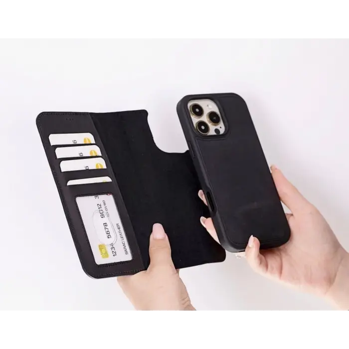 Apple iPhone 16 Pro uyumlu, Hakiki Deri, El Yapımı, Cüzdanlı Kılıf, Mat Siyah