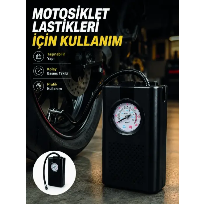 Araç Lastik Şişirme Pompası Taşınabilir Analog Basınç Göstergeli Hava Kompresörü