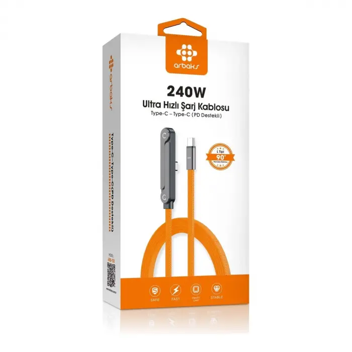 Arbaks ARB-130 240W L Tipi Type-C to Type-C Şarj Kablosu – Turuncu