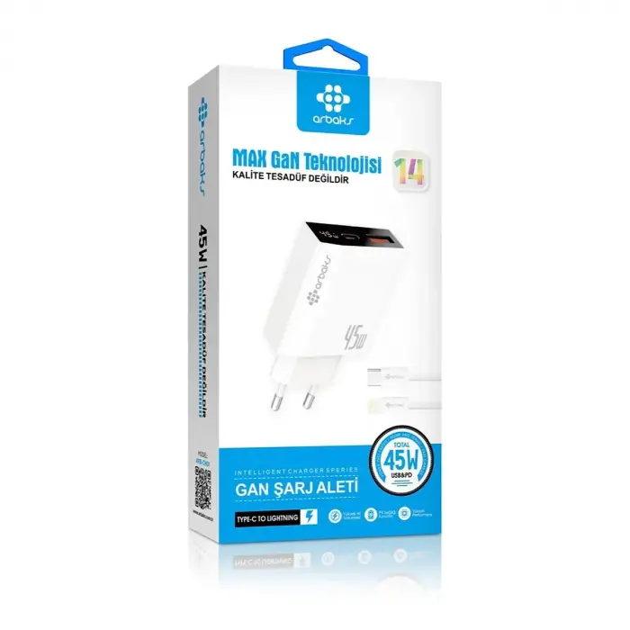 Arbaks ARB-CH01 45W Max GaN Type-C to Lightning Kablolu Şarj Aleti – Beyaz