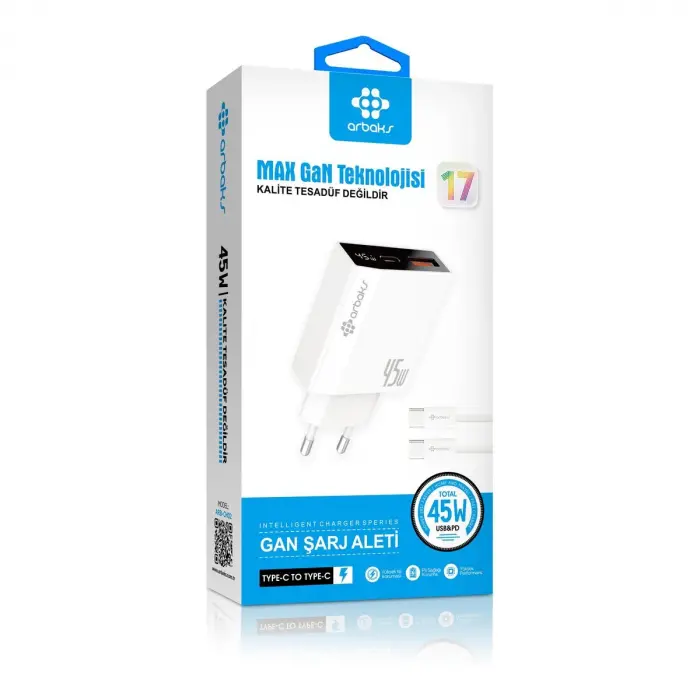 Arbaks ARB-CH02 45W Max GaN Type-C to Type-C Kablolu Şarj Aleti – Beyaz