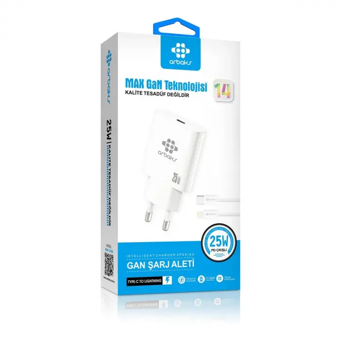 Arbaks ARB-CH06 25W PD Max GaN Type-C to Lightning Kablolu Şarj Aleti – Beyaz