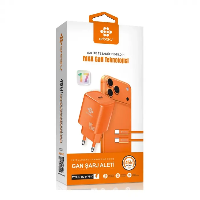 Arbaks ARB-CH07 45W PD Max GaN Type-C to Type-C Kablolu Şarj Aleti – Turuncu