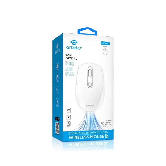 Arbaks ARB-M01 Bluetooth + 2.4G USB-C Şarjlı Kablosuz Mouse – Beyaz