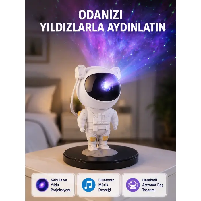 Astronot Projeksiyon Lambası Bluetooth Müzikli ve Uzaktan Kumandalı
