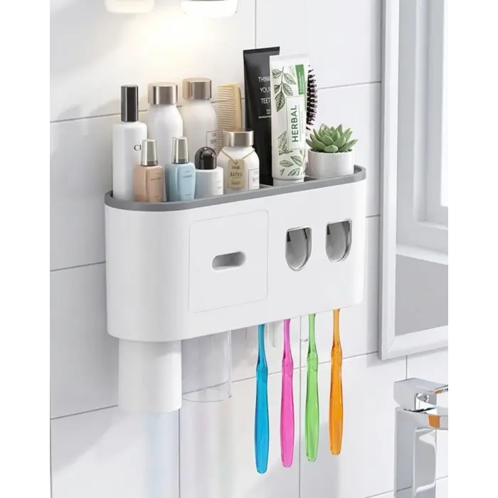 Banyo Organizer Diş Fırçası Tutucu Çift Dispenserli Raflı Çekmeceli