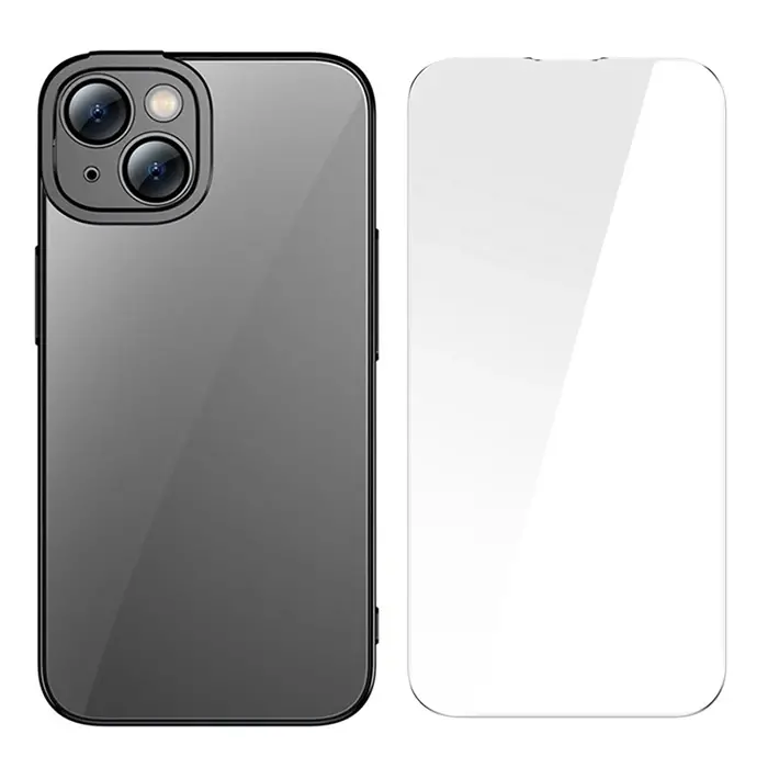 Baseus Glitter iPhone 14 Plus 6.7 Renkli Kenar Silikon Kılıf + Tempered Ekran Koruyucu Set-(5775)